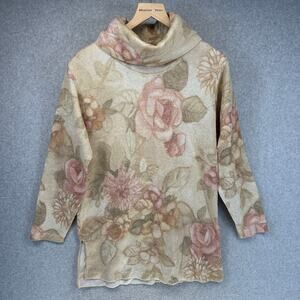 Gabriella T. Sweater Womens Size S Beige Floral Metallic Wool Blend Turtleneck